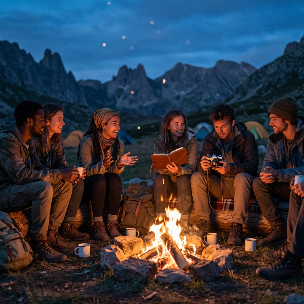 Community of travelers sharing stories around a campfire